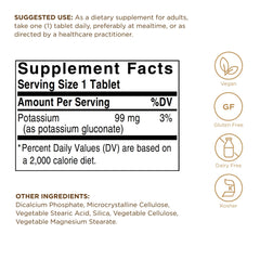 Solgar potassium gluconate 250-tabs pour shows easy-to-pour bottle design.