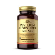 Solgar Psyllium Husks Fiber bottle closeup, gluten-free and vegan status
