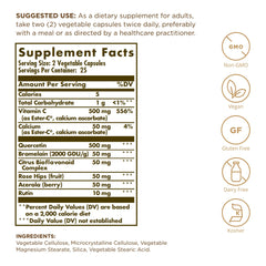 Solgar Quercetin Complex capsules showing vegan-friendly, stomach-friendly formulation.