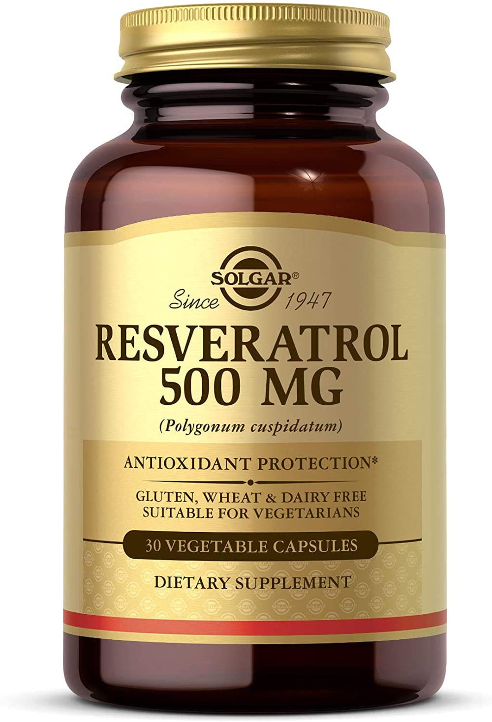 Solgar Resveratrol 500 mg bottle close-up showing high potency antioxidant capsules.