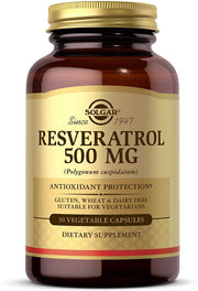 Solgar Resveratrol 500 mg bottle close-up showing high potency antioxidant capsules.