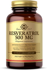 Solgar Resveratrol 500 mg bottle close-up showing high potency antioxidant capsules.