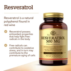 Solgar Resveratrol veggie capsules packaging on desk for gluten-free daily use.