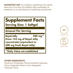 Solgar Royal Jelly 500 softgels front label highlights premium royal jelly for daily energy support