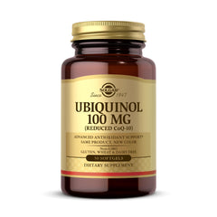 Solgar Ubiquinol 100 mg softgels bottle on shelf highlighting oil-based absorption.