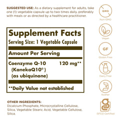 Solgar Vegan CoQ-10 capsules close-up for vegetarian-friendly supplementation.