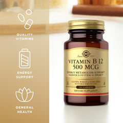Solgar Vitamin B-12 500 mcg packaging stacked for value and convenience.