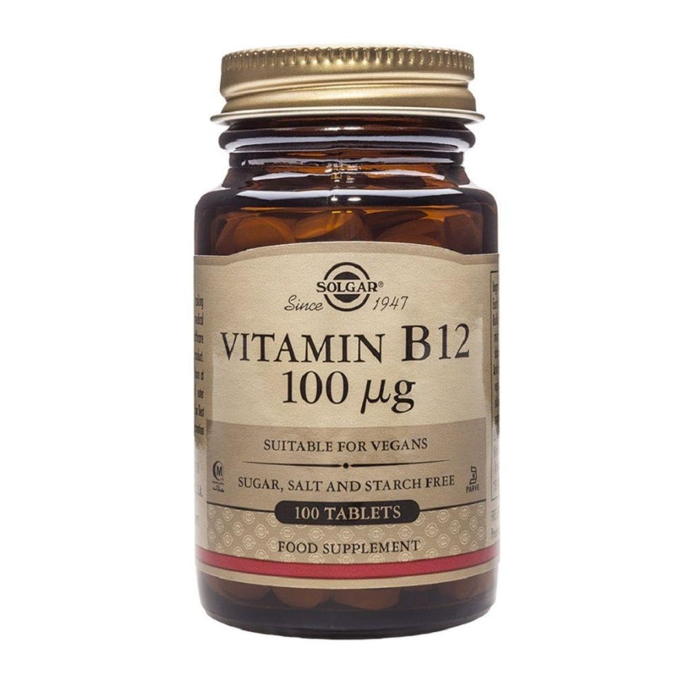Solgar Vitamin B12 100ug bottle with capsules, supports energy.