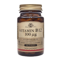 Solgar Vitamin B12 100ug bottle with capsules, supports energy.