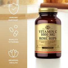 Solgar Vitamin C 1000 mg with Rose Hips packaging highlight non-GMO and vegan