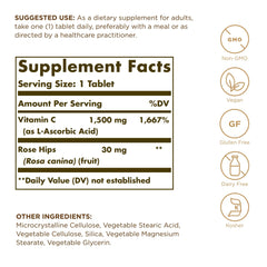 Solgar Vitamin C 1500mg with Rose Hips label highlighting potency