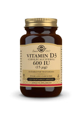 Solgar Vitamin D3 bottle pour demonstrates easy-to-swallow capsules for bone health