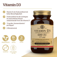 Solgar Vitamin D3 capsules closeup shows 600 IU per serving for immune support