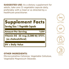Solgar Vitamin D3 capsules side view for convenient daily supplementation.