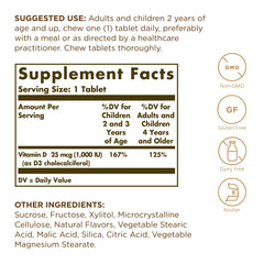 Solgar Vitamin D3 chewable tablets close-up showcases strawberry-banana swirl flavor