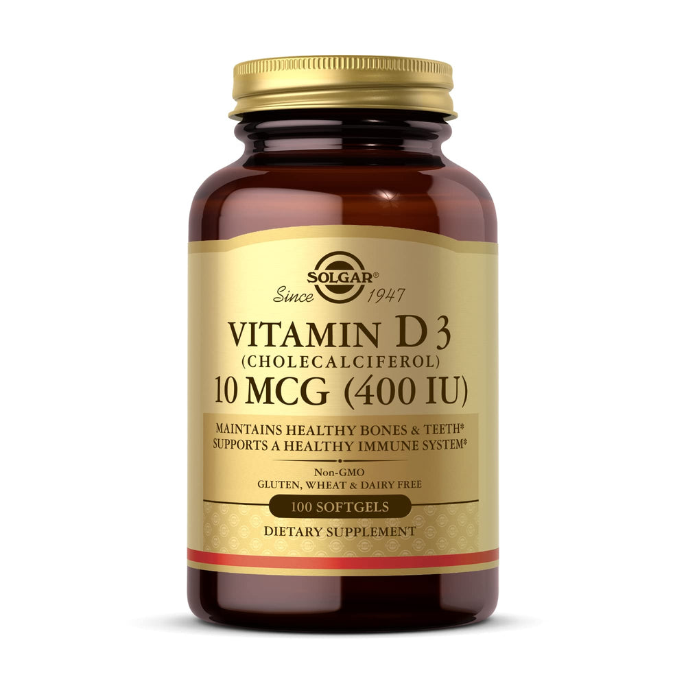 Solgar Vitamin D3 softgel bottle showing daily bones and immune support benefits
