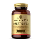 Solgar Vitamin D3 softgel bottle showing daily bones and immune support benefits