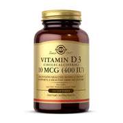 Solgar Vitamin D3 softgel bottle showing daily bones and immune support benefits