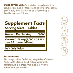 Solgar Vitamin D3 tablets serving size illustrating daily supplementation benefits