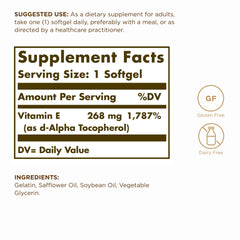 Solgar Vitamin E 268 mg label close-up shows gluten-free and dairy-free notes.
