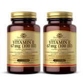 Solgar Vitamin E softgels front view in bottle—gluten-free antioxidant support.
