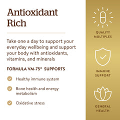 Solgar VM-75 ingredients panel lists vitamins and minerals.