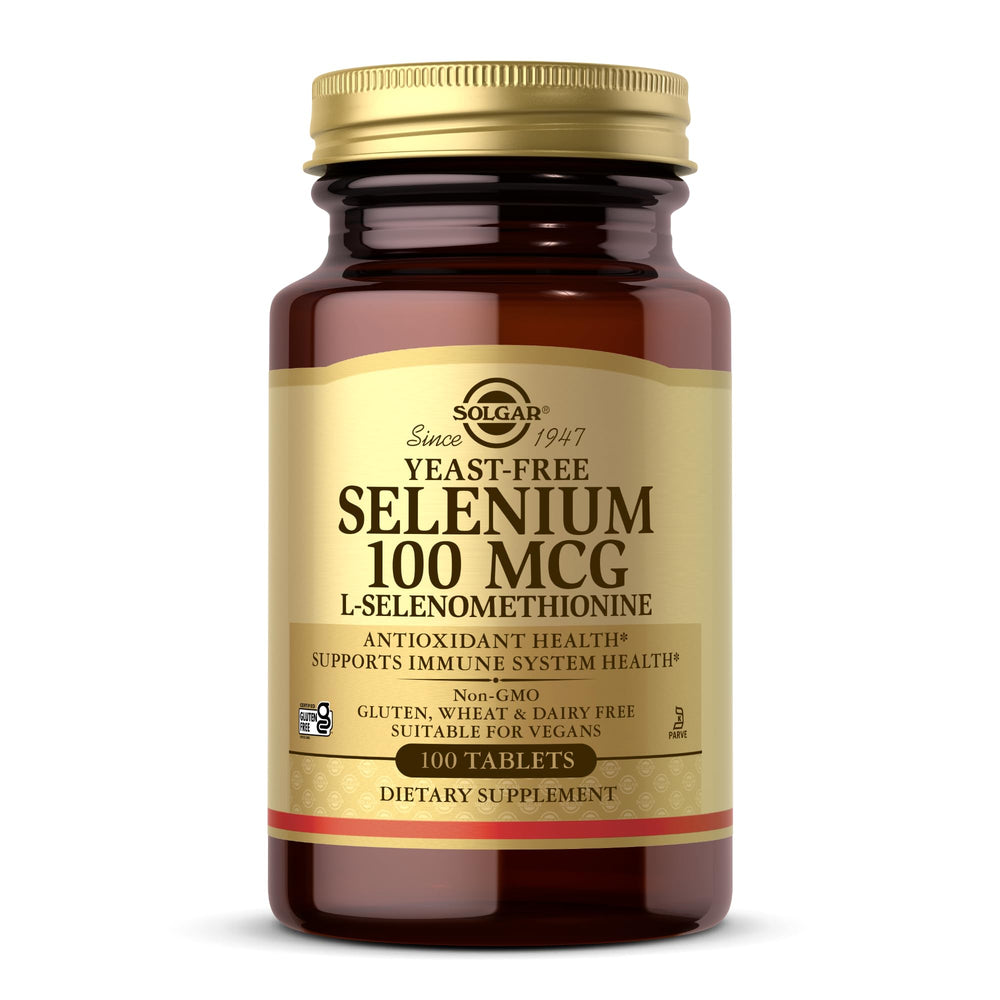 Solgar Yeast-Free Selenium 100 mcg bottle for antioxidant support.