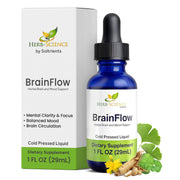 Soltrients BrainFlow bottle pour showing convenient dosing for daily focus support.