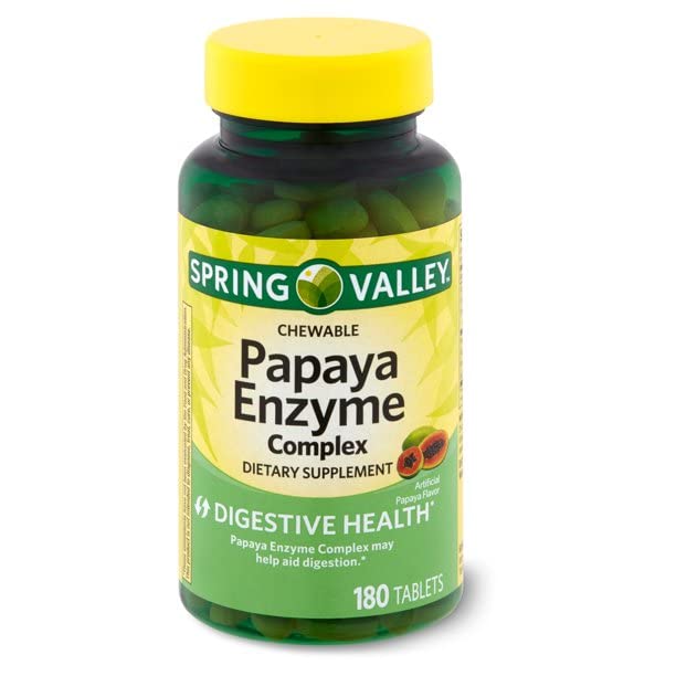 Somall Spring Valley Papaya Enzyme Tablets bottle showing papaya flavor for daily chewing.