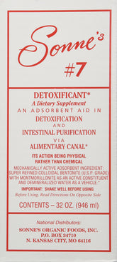Sonne's Detoxification No 7 bottle closeup highlighting mineral-rich bentonite for digestion-friendly use