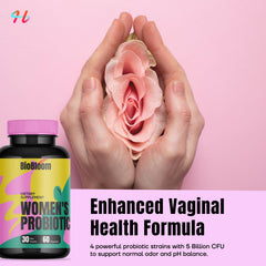 BioBloom capsules close-up showing daily probiotic intake for vaginal health.