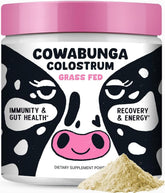 SonoHealth Cowabunga Colostrum powder with scoop for daily immune support.