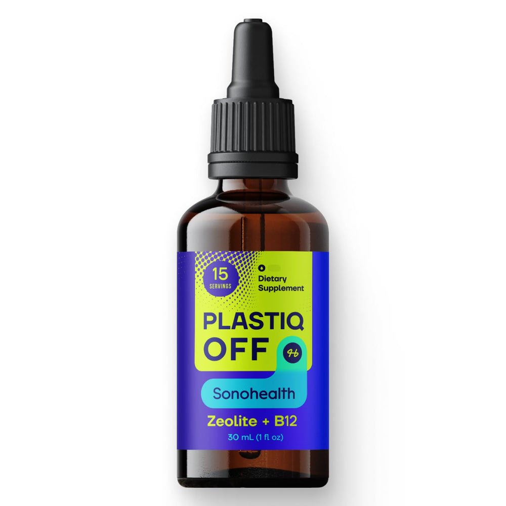 SonoHealth Plastiq Off Zeolite bottle for daily detox routine.