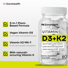 SonoHealth Vitamin D3 + K2 capsules close-up highlighting daily bone support