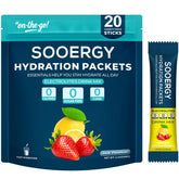 Sooergy electrolytes powder lemon strawberry stick in glass for quick hydration after workouts.