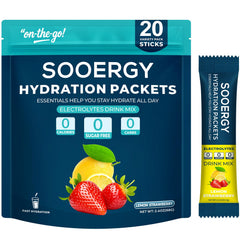 Sooergy electrolytes powder lemon strawberry stick in glass for quick hydration after workouts.