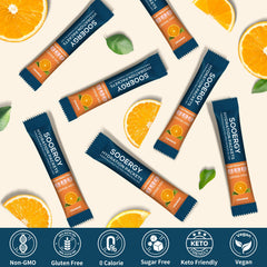 Sooergy fast-dissolve electrolyte packet delivers smooth orange drink.