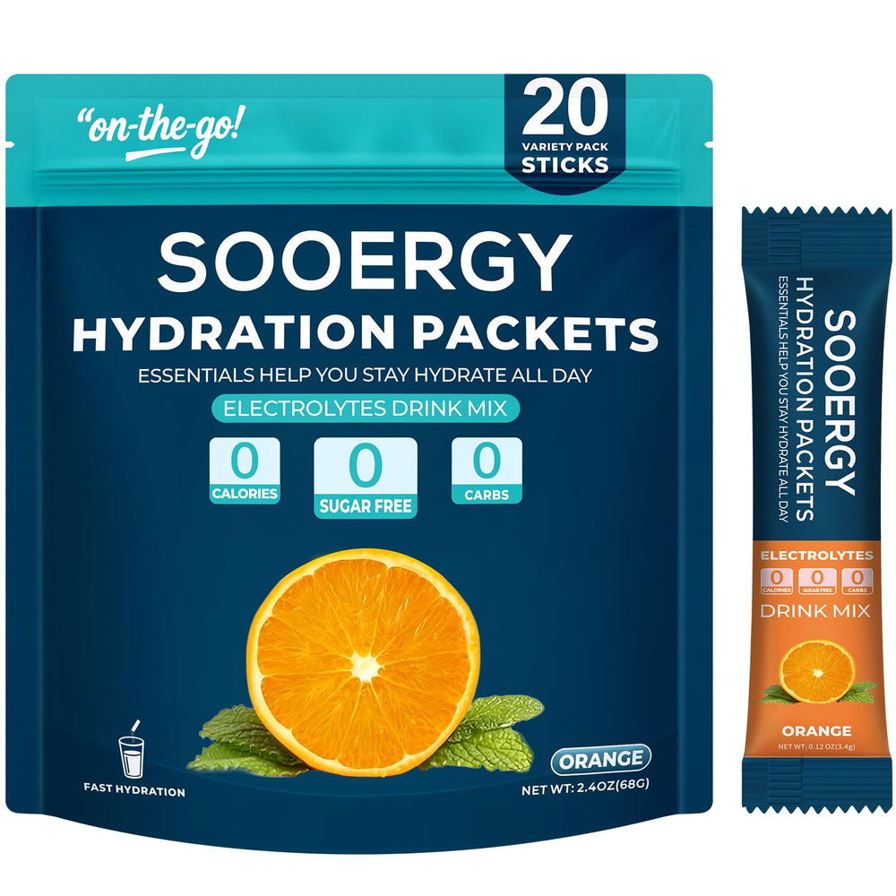 Sooergy orange-flavor electrolyte packet for quick hydration after workouts.