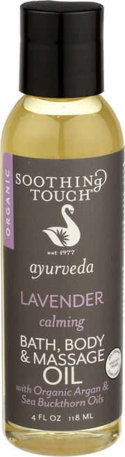 Soothing Touch Ayurveda calming lavender bottle showing a relaxing bath oil experience