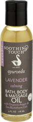 Soothing Touch Ayurveda calming lavender bottle showing a relaxing bath oil experience