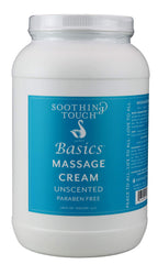Soothing Touch Basics Unscented Massage Cream in a 1-gallon container for professional spa sessions