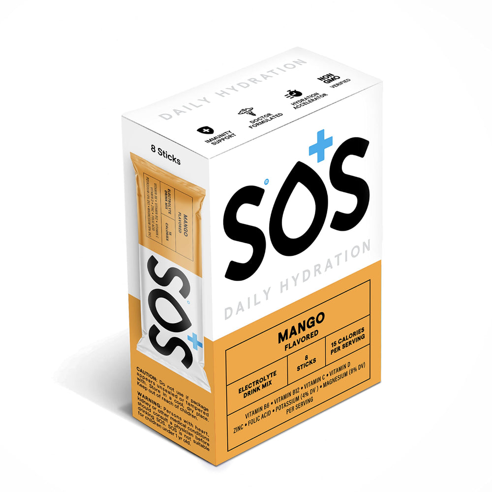 SOS Hydration mango stick packet ready to mix for quick on-the-go hydration.