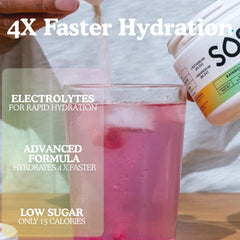 SOS Hydration scoop beside a glass for a low-sugar hydration boost.