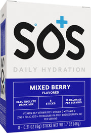 Sos Hydration stick packets for quick, mess-free hydration on the go.