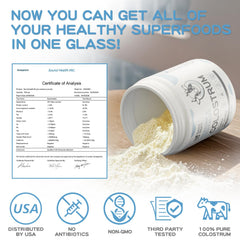 SoundHealth colostrum powder packaging label shows organic, grass-fed sourcing.