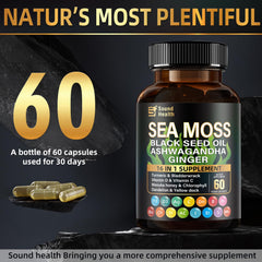SoundHealth Sea Moss Capsules label detail highlights vitamin C and D per serving.