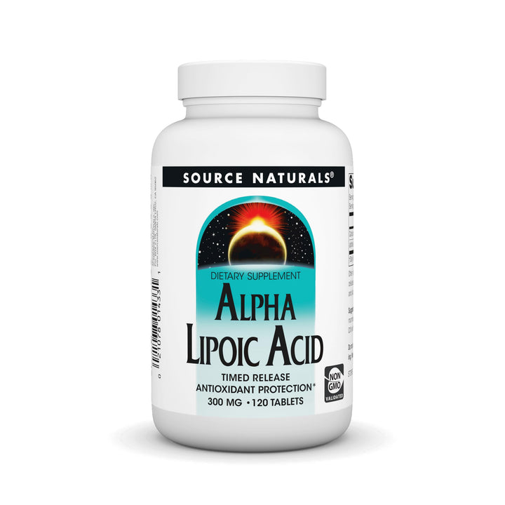 Source Naturals Alpha Lipoic Acid time-release bottle for steady antioxidant protection.