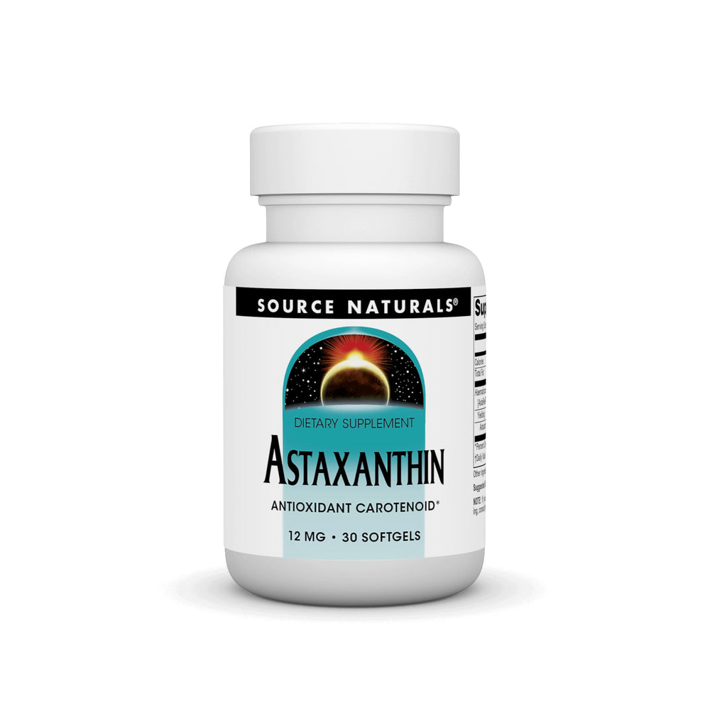 Source Naturals Astaxanthin bottle on shelf for daily antioxidant support.