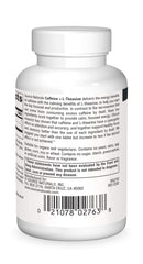 Source Naturals caffeine and L-Theanine bottle front view for sustained concentration.