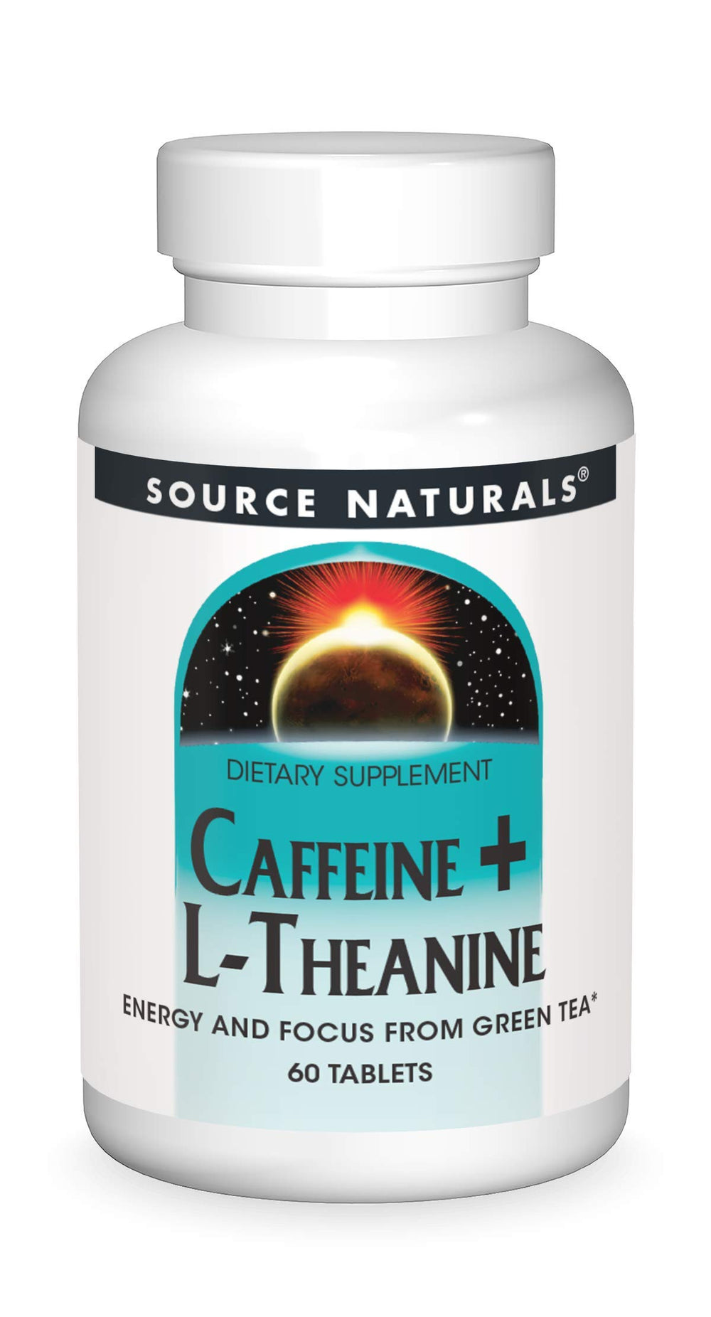 Source Naturals caffeine and L-Theanine tablets label closeup for calm, focused energy.